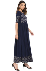 Thumbnail for Janasya Dark Blue Poly Crepe Foil Print Flared kurta - Distacart