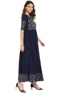 Thumbnail for Janasya Dark Blue Poly Crepe Foil Print Flared kurta
