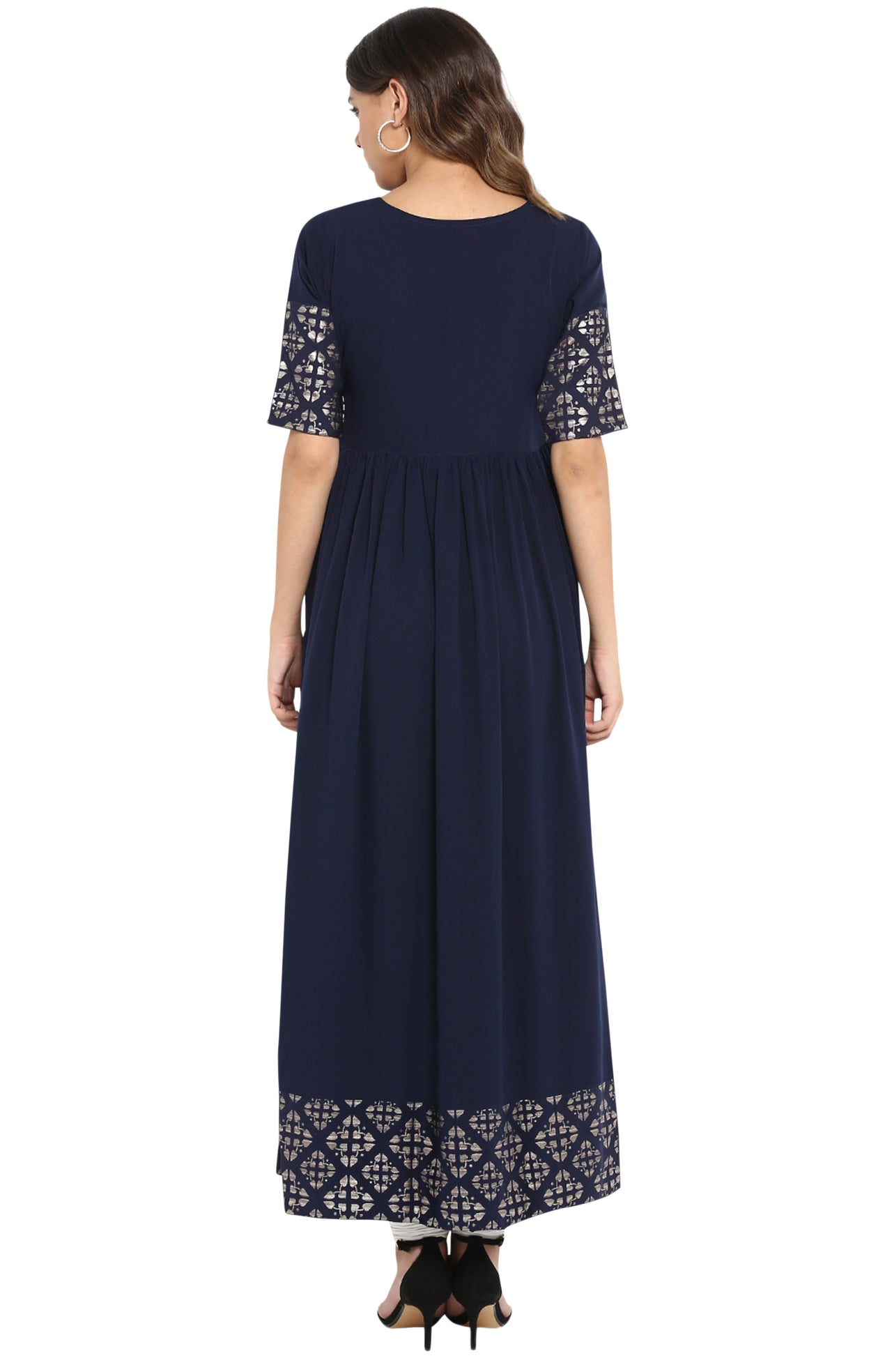 Janasya Dark Blue Poly Crepe Foil Print Flared kurta
