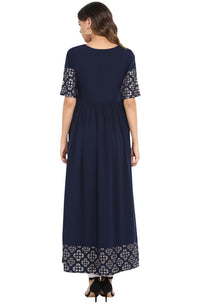Thumbnail for Janasya Dark Blue Poly Crepe Foil Print Flared kurta