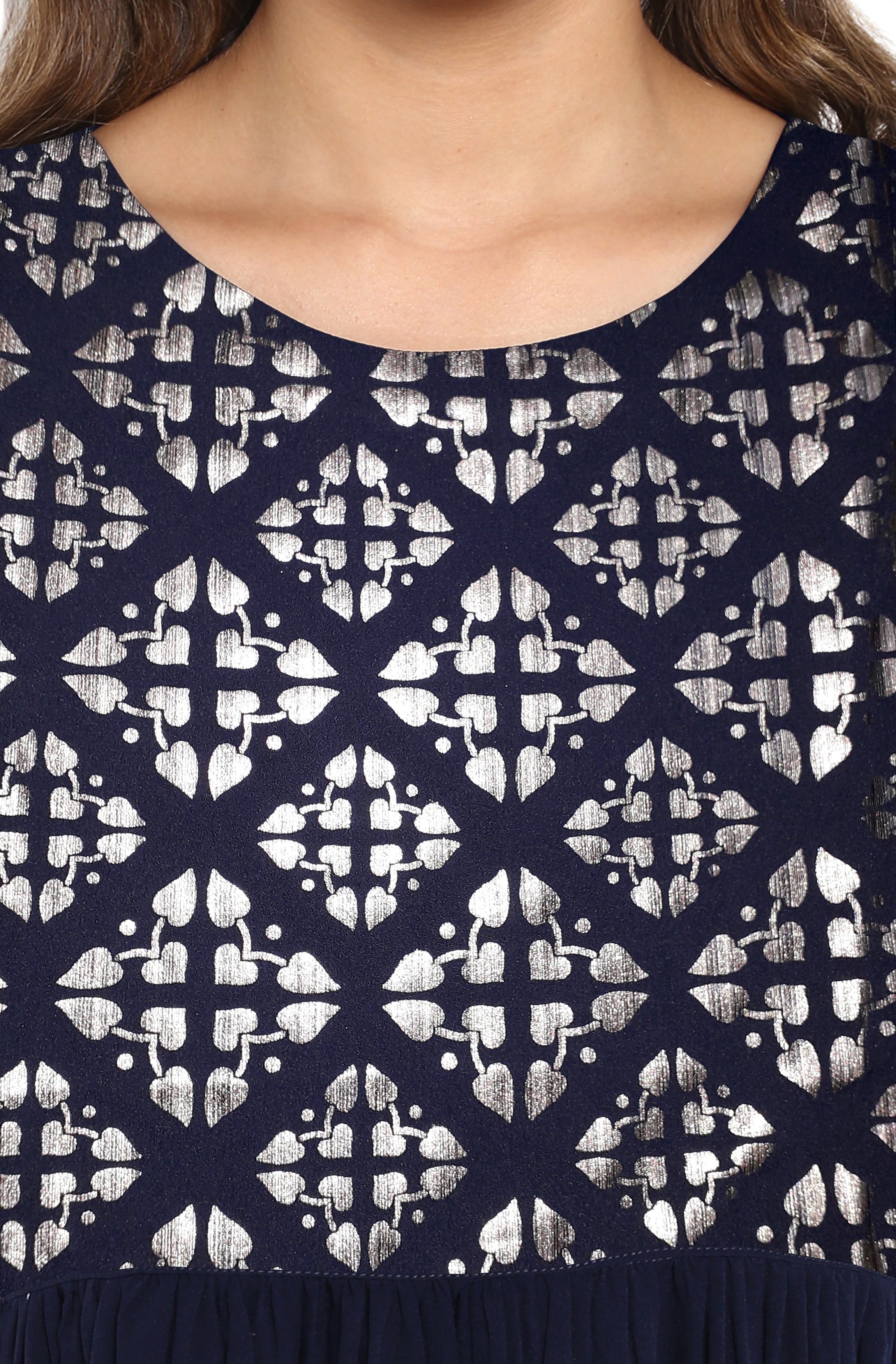 Janasya Dark Blue Poly Crepe Foil Print Flared kurta - Distacart