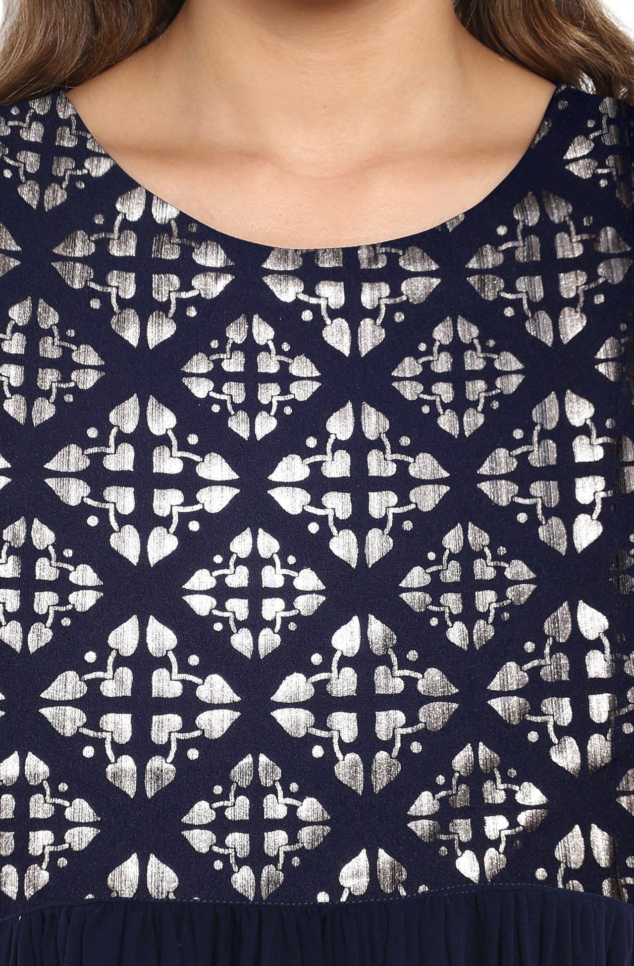 Janasya Dark Blue Poly Crepe Foil Print Flared kurta