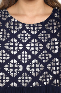 Thumbnail for Janasya Dark Blue Poly Crepe Foil Print Flared kurta