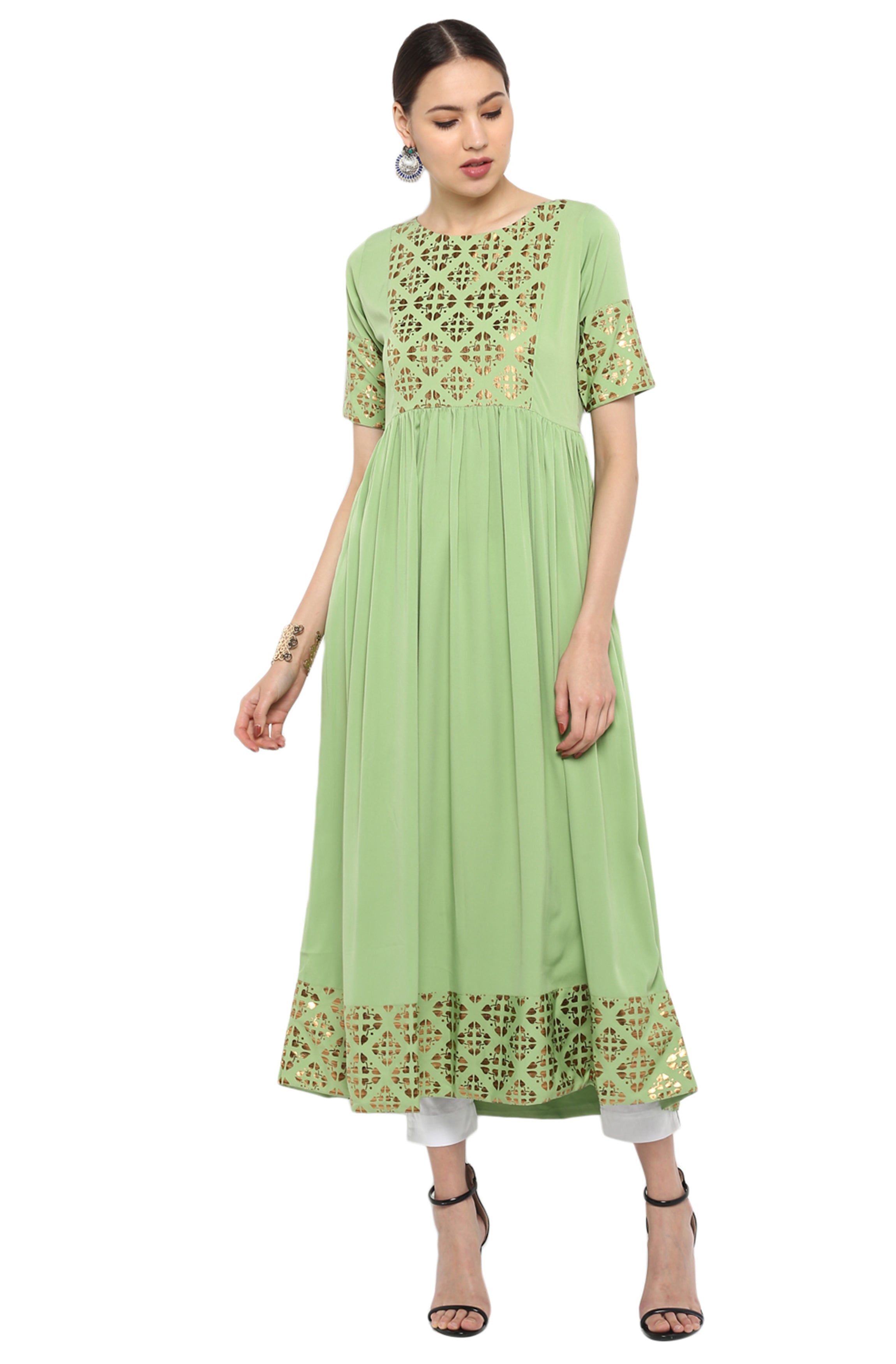 Janasya Light Green Poly Crepe Gold Print Flared kurta - Distacart