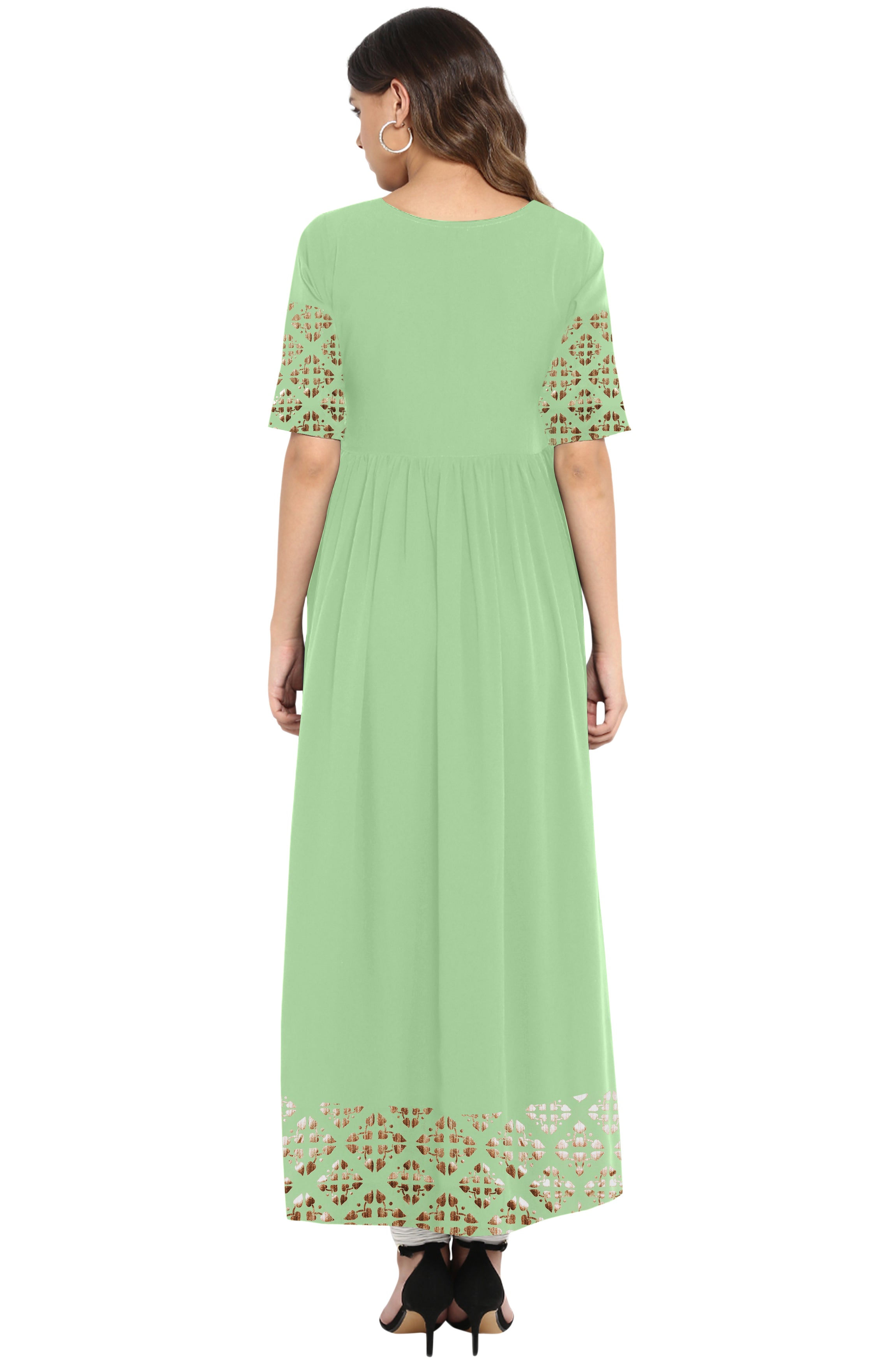 Janasya Light Green Poly Crepe Gold Print Flared kurta - Distacart