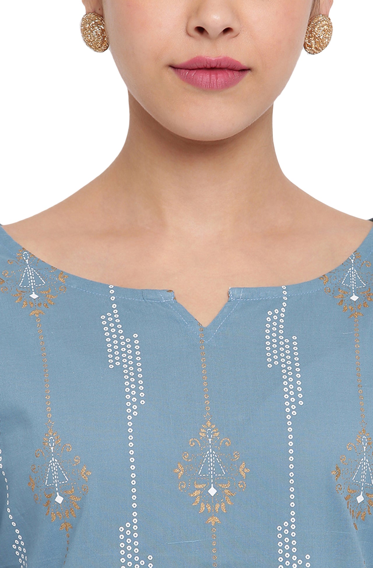 Janasya Turquoise Blue Cotton Ethnic Motifs Straight kurta