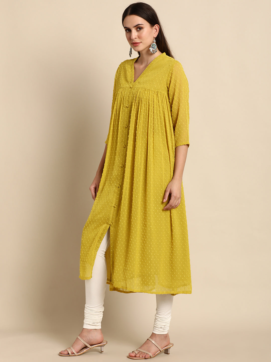 Janasya Mustard Poly Chiffon Self Design Frontslit Kurta
