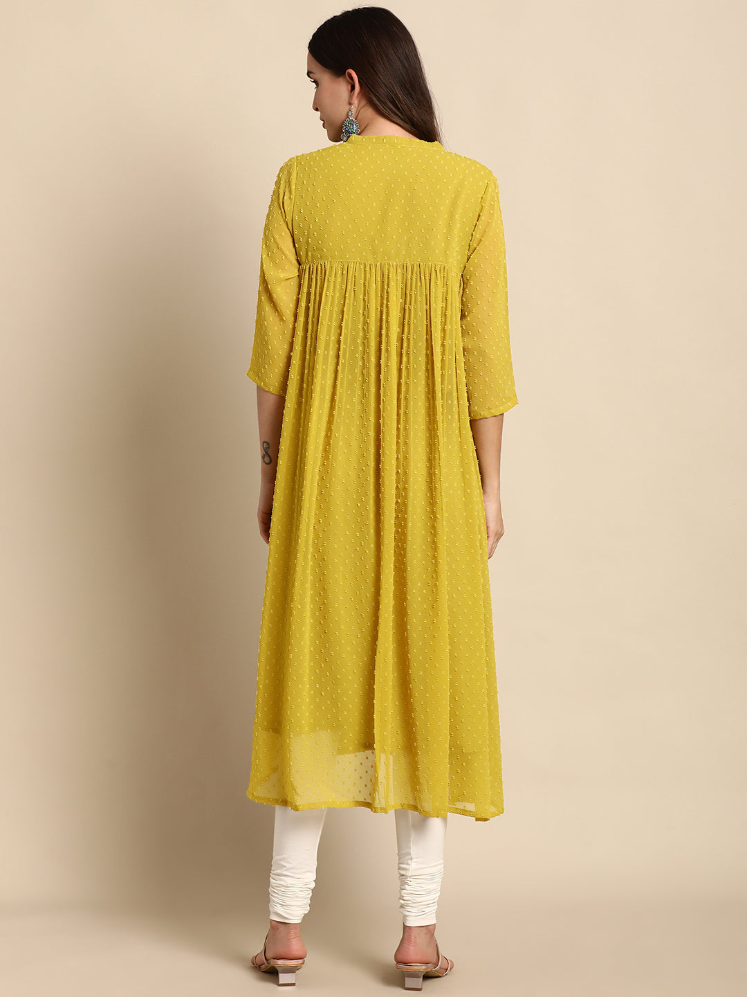 Janasya Mustard Poly Chiffon Self Design Frontslit Kurta