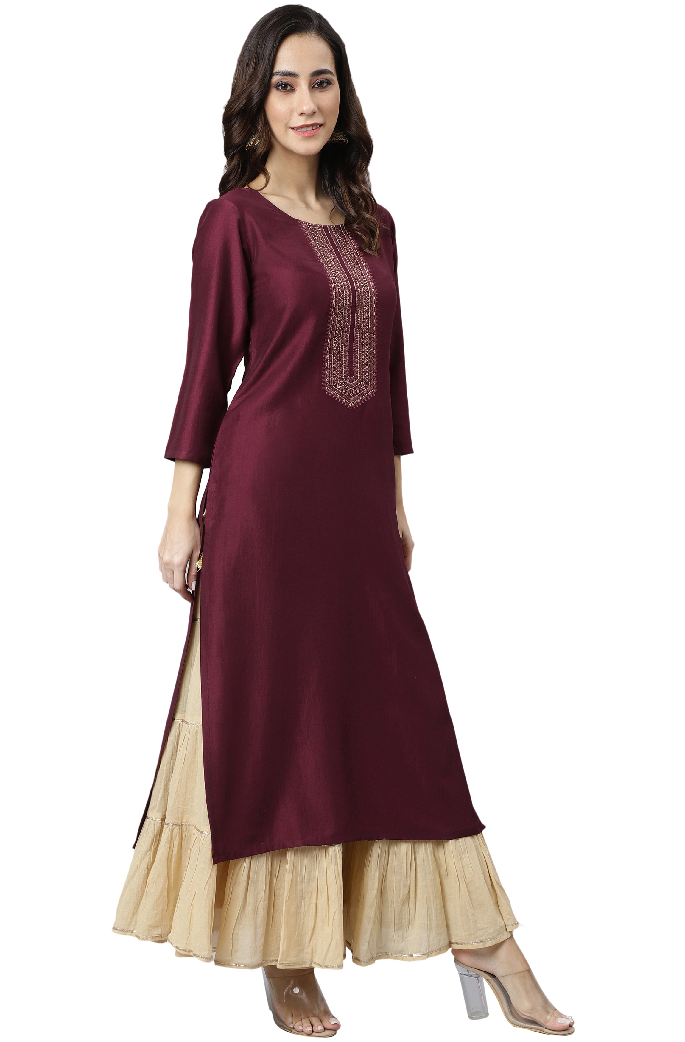 Janasya Wine Poly Silk Solid Straight kurta - Distacart