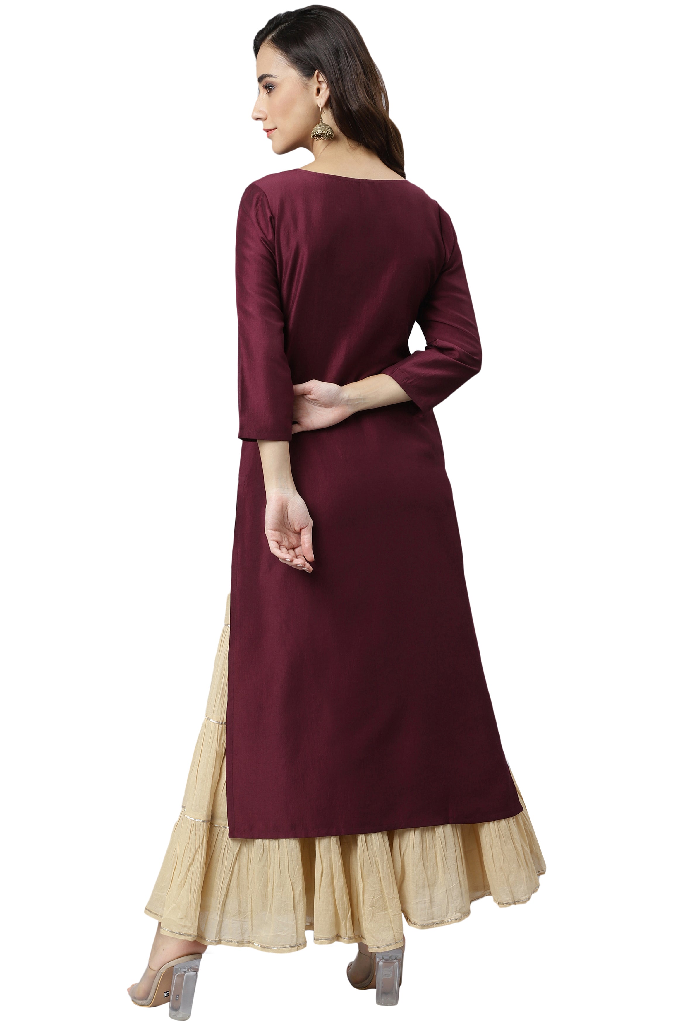 Janasya Wine Poly Silk Solid Straight kurta - Distacart