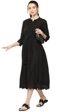 Thumbnail for Janasya Black Cotton Solid Flared Casual Dress - Distacart