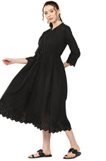 Thumbnail for Janasya Black Cotton Solid Flared Casual Dress - Distacart