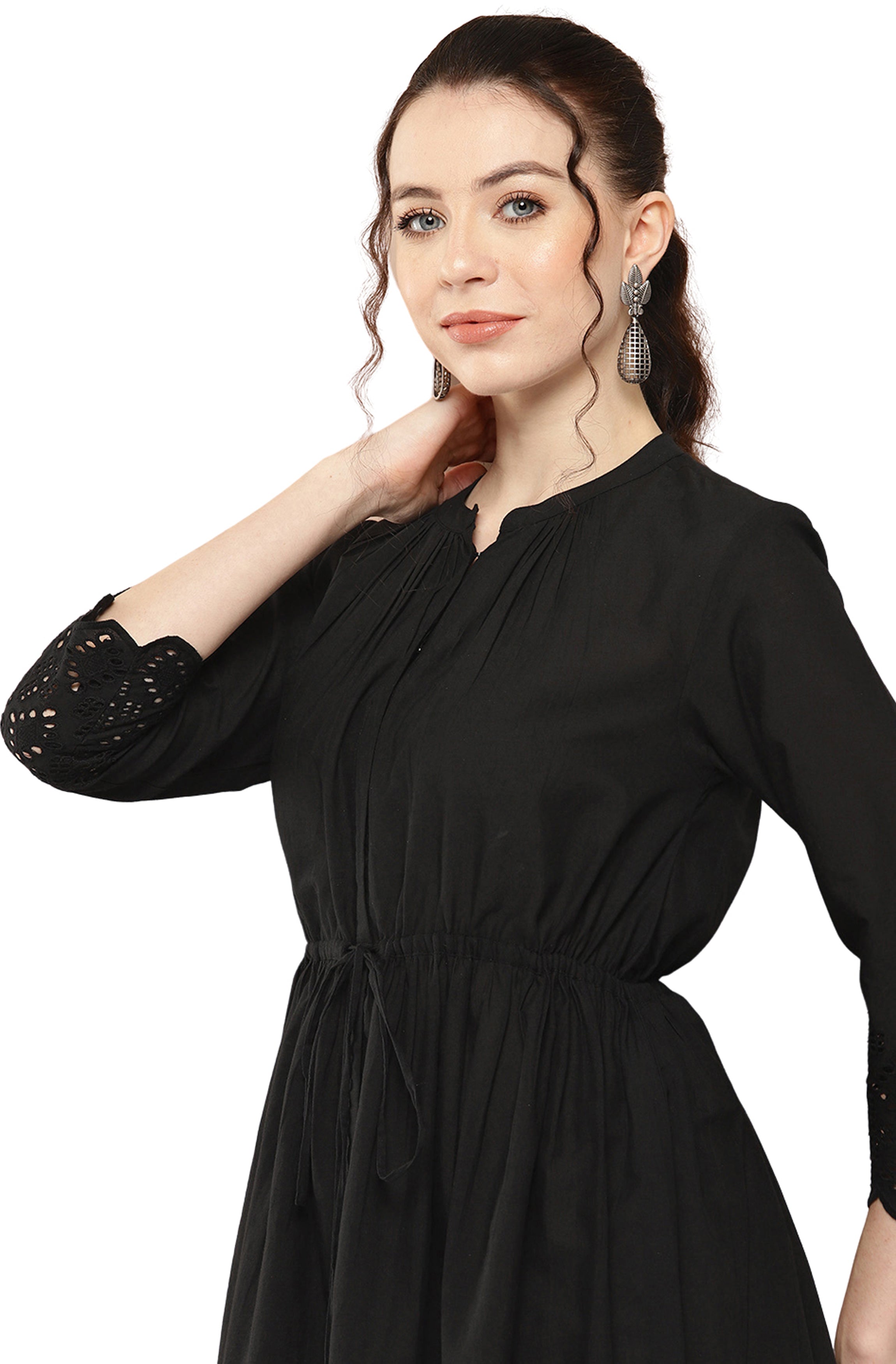Janasya Black Cotton Solid Flared Casual Dress - Distacart