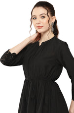 Thumbnail for Janasya Black Cotton Solid Flared Casual Dress - Distacart
