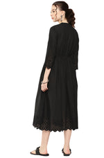 Thumbnail for Janasya Black Cotton Solid Flared Casual Dress - Distacart