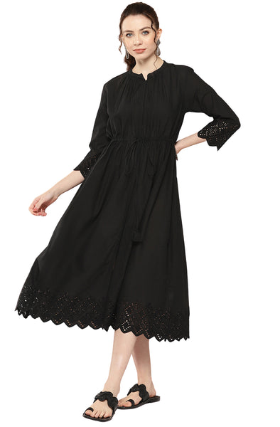 Janasya Black Cotton Solid Flared Casual Dress - Distacart