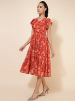 Thumbnail for Janasya Rust Georgette Abstract Printed Tiered Casual Dress - Distacart