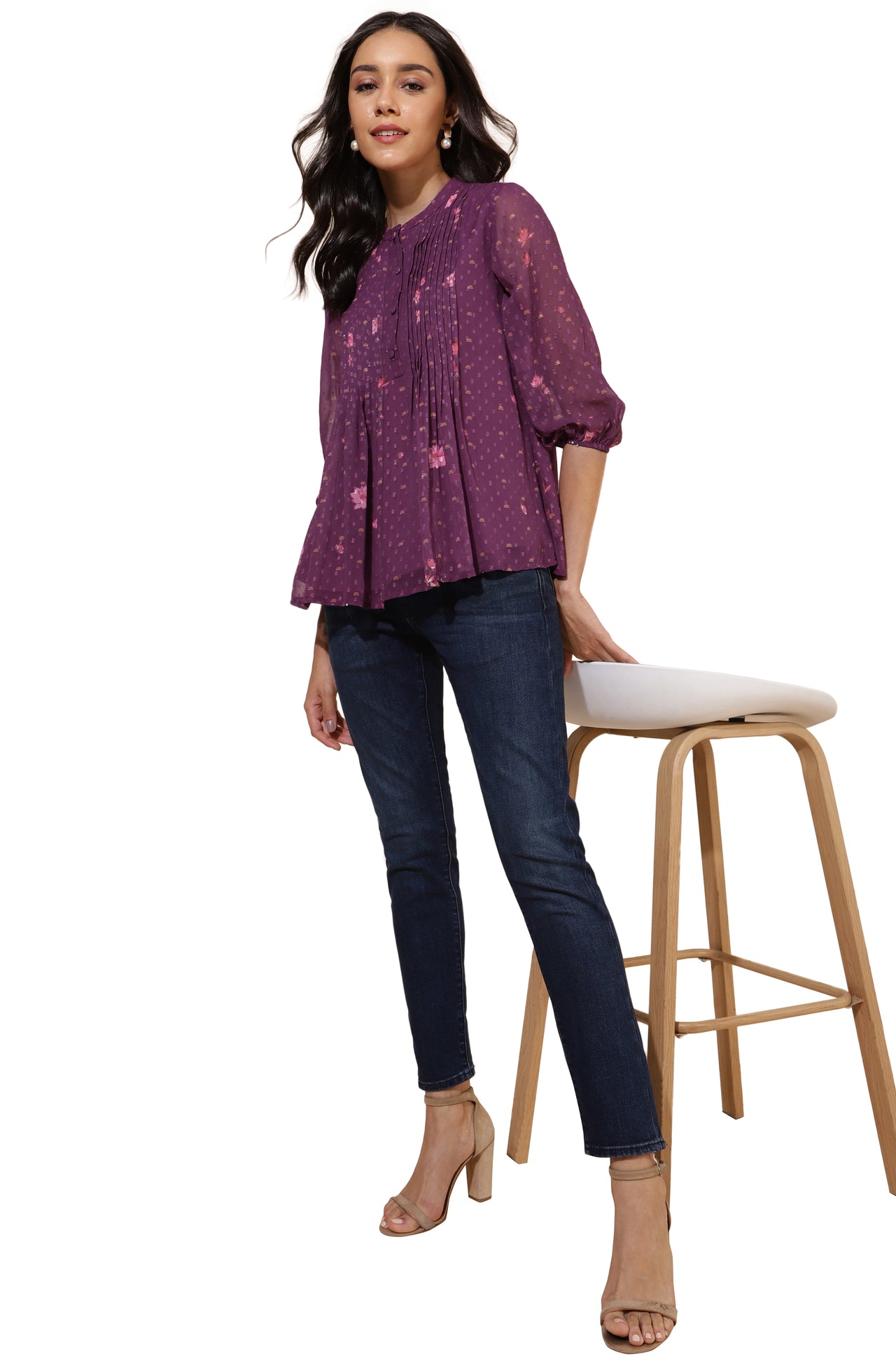 Janasya Purple Dobby Georgette Floral Print Casual A-Line Top