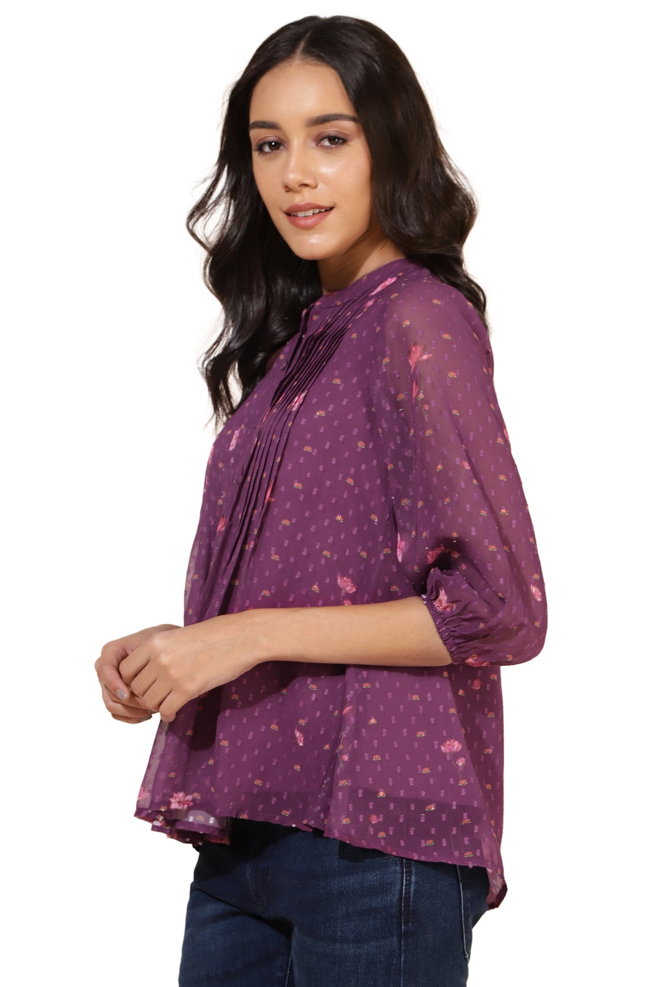 Janasya Purple Dobby Georgette Floral Print Casual A-Line Top