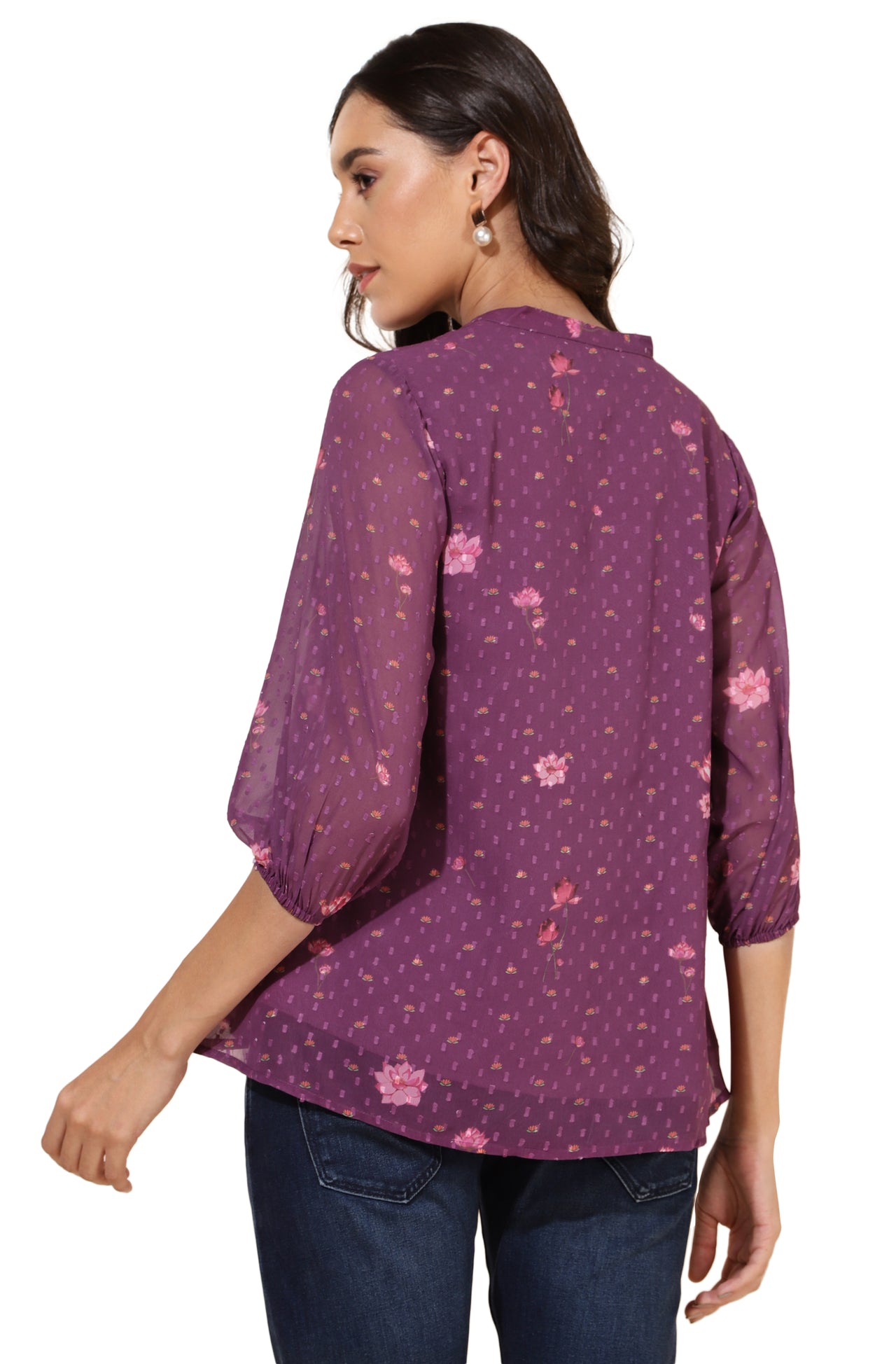 Janasya Purple Dobby Georgette Floral Print Casual A-Line Top