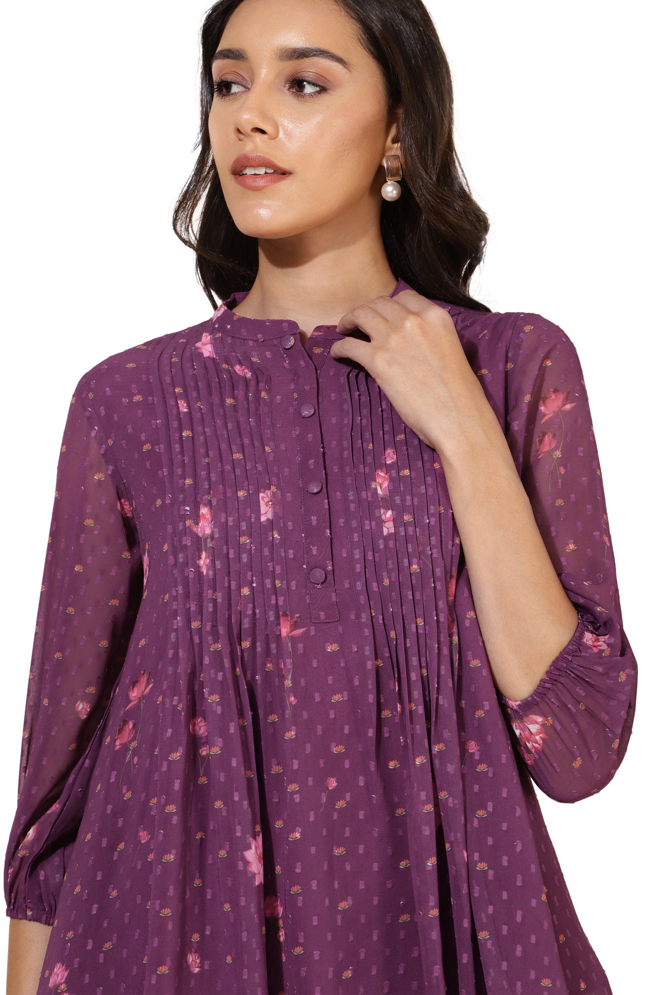 Janasya Purple Dobby Georgette Floral Print Casual A-Line Top