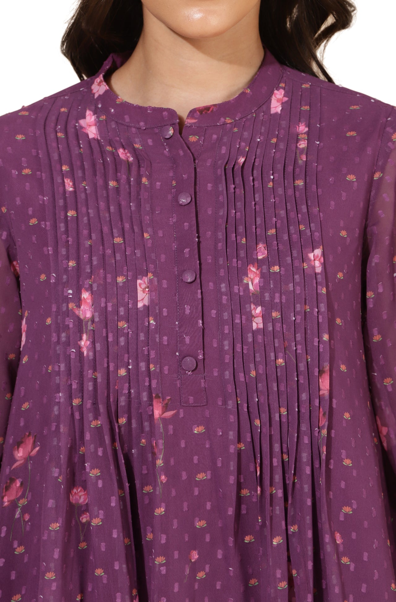 Janasya Purple Dobby Georgette Floral Print Casual A-Line Top