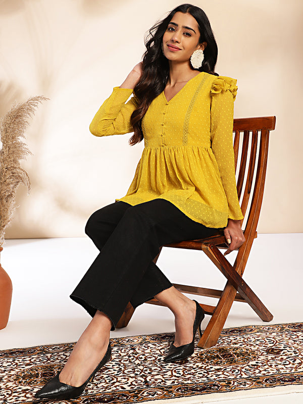 Janasya Mustard Dobby Chiffon Self Design Peplum Top