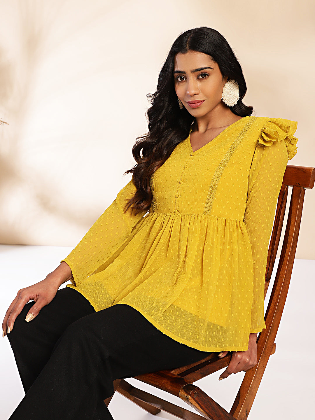 Janasya Mustard Dobby Chiffon Self Design Peplum Top