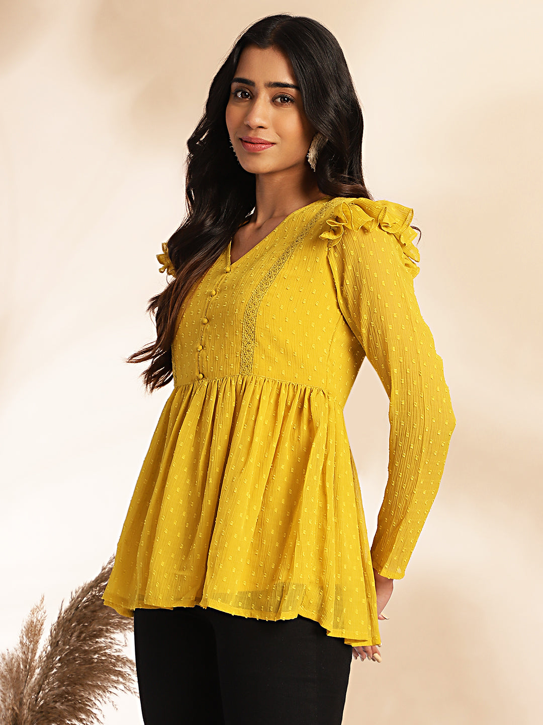 Janasya Mustard Dobby Chiffon Self Design Peplum Top