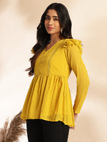 Thumbnail for Janasya Mustard Dobby Chiffon Self Design Peplum Top