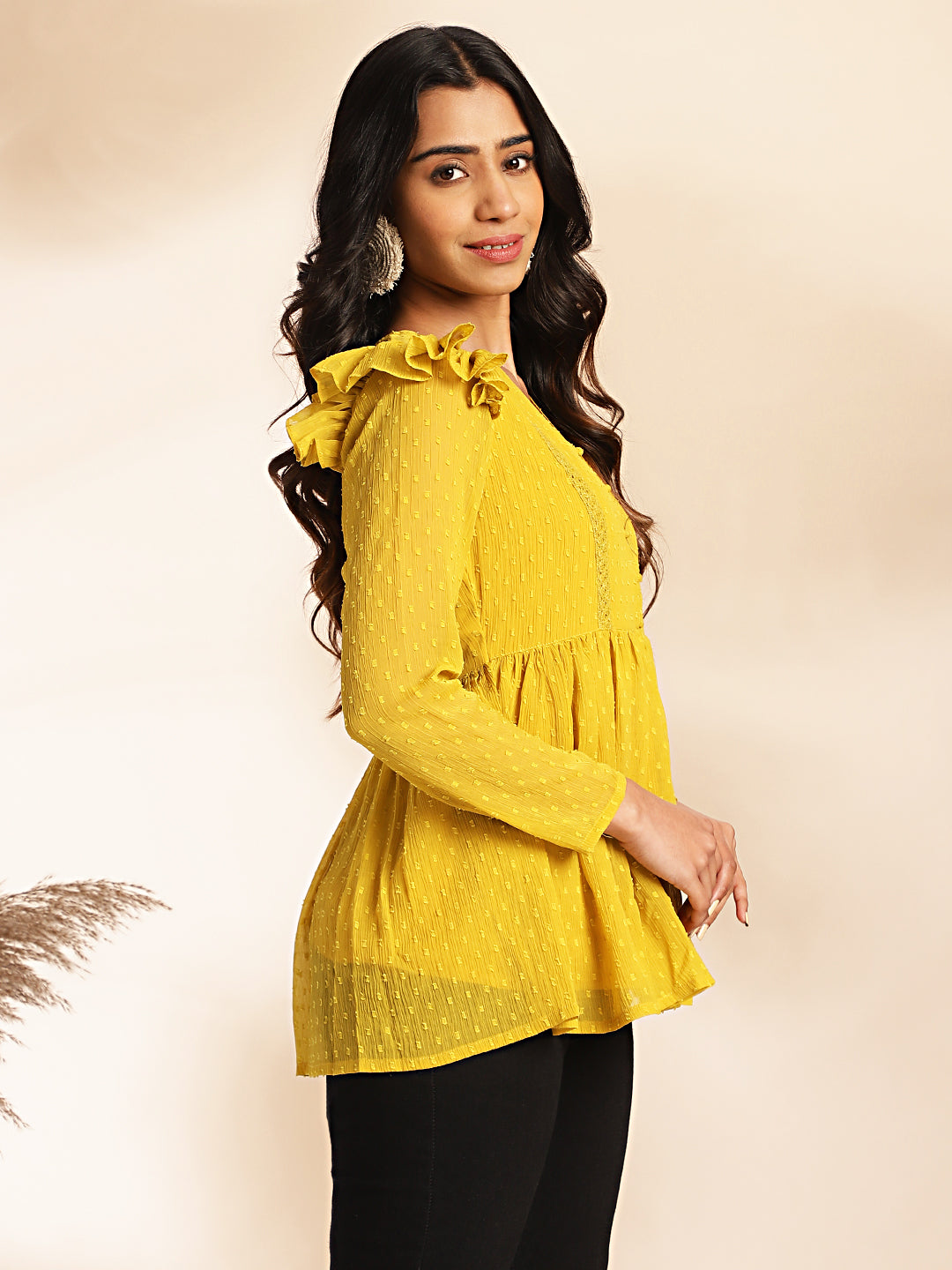 Janasya Mustard Dobby Chiffon Self Design Peplum Top