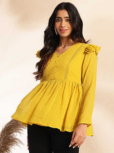 Janasya Mustard Dobby Chiffon Self Design Peplum Top