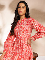 Thumbnail for Janasya Pink Cotton Floral Fit & Flare Dress