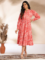 Thumbnail for Janasya Pink Cotton Floral Fit & Flare Dress