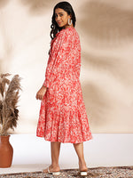 Thumbnail for Janasya Pink Cotton Floral Fit & Flare Dress