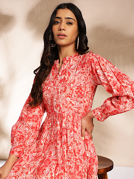 Janasya Pink Cotton Floral Fit & Flare Dress