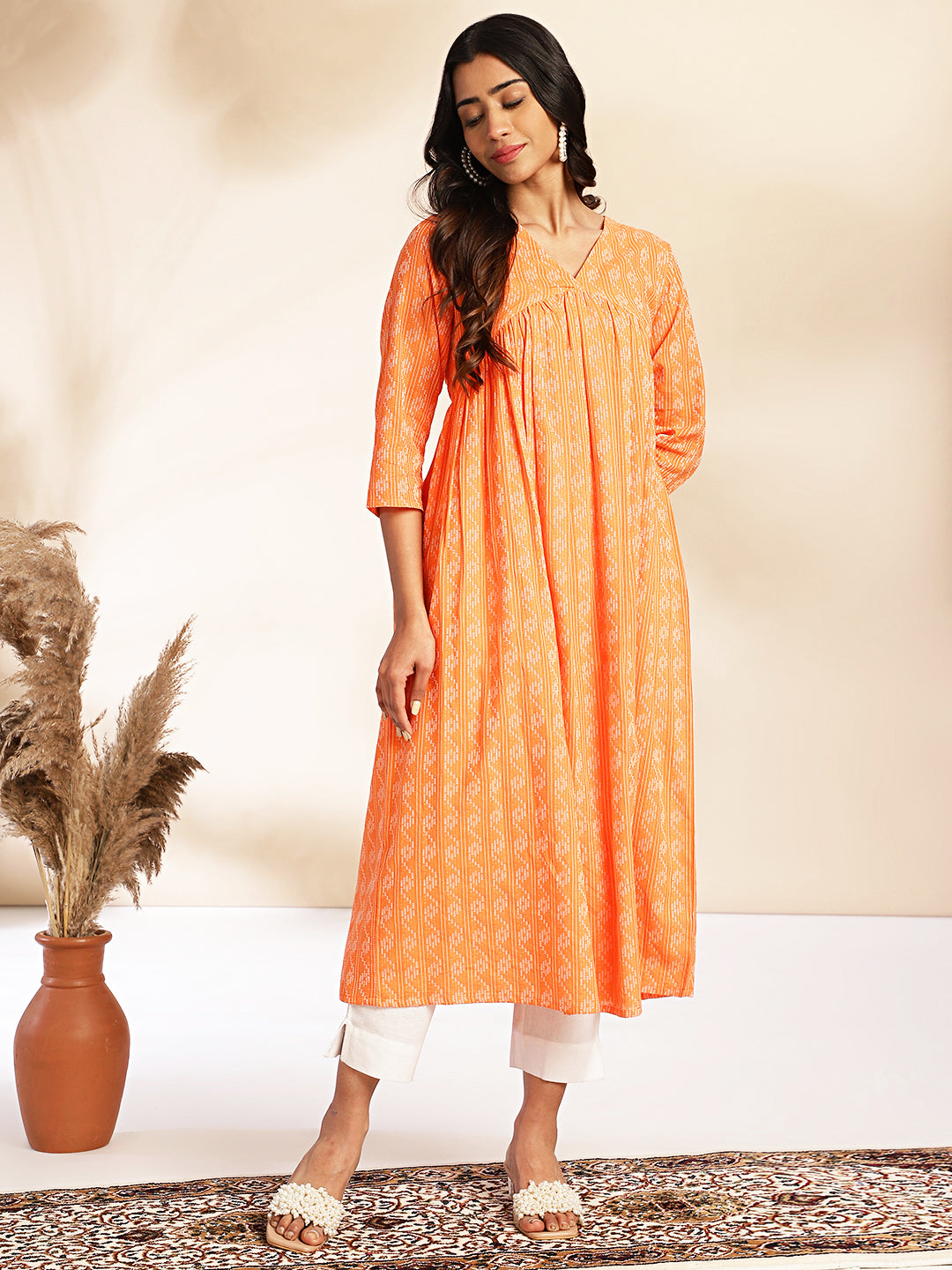 Janasya Orange Cotton Woven Design Gathered Kurta