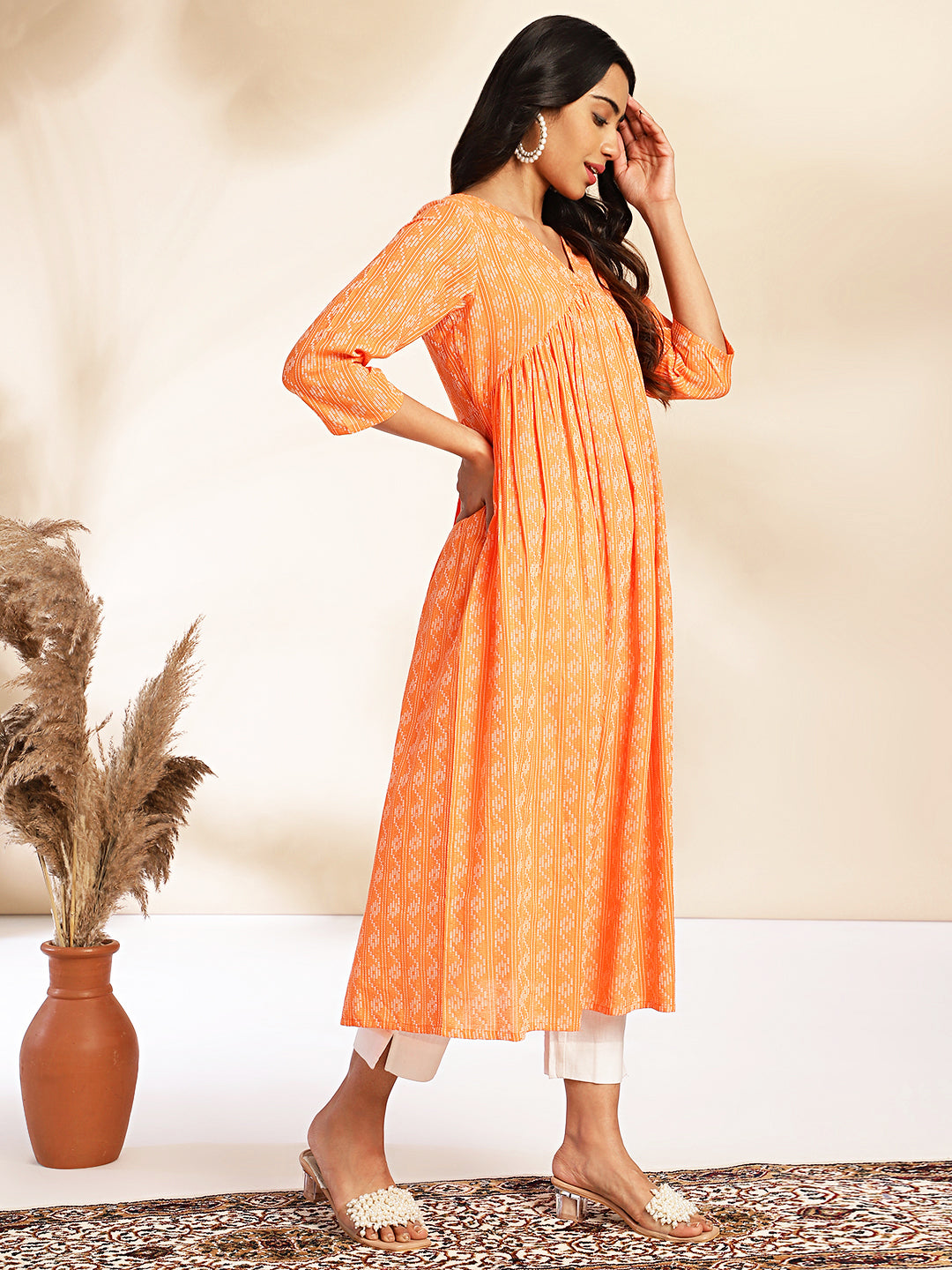 Janasya Orange Cotton Woven Design Gathered Kurta