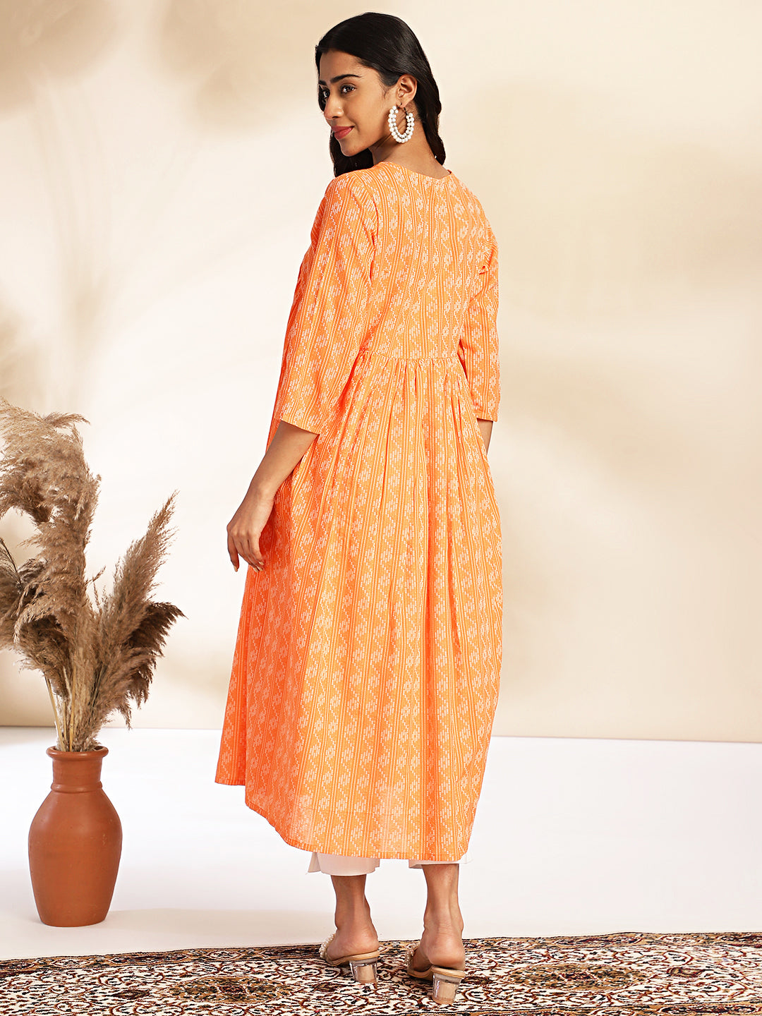 Janasya Orange Cotton Woven Design Gathered Kurta
