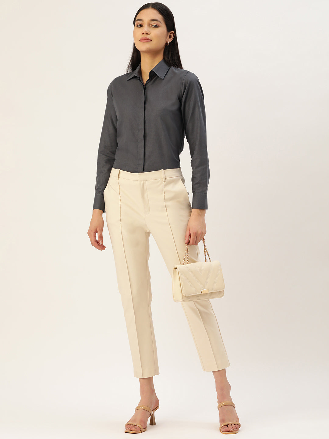 Jainish Women's Grey Solid Shirt Style Top - Distacart