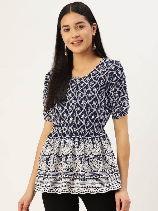 Jainish Women's Chikankari Sequen Work Empire Top - Navy Blue - Distacart