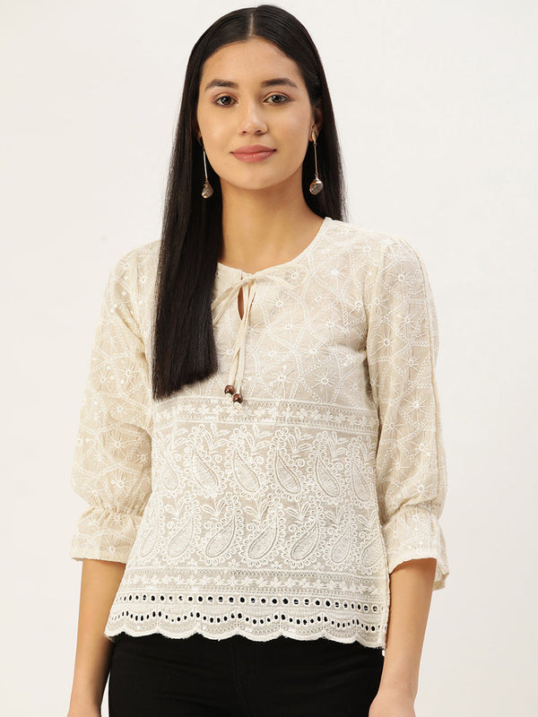 Jainish Women's Chikankari Sequen Work Empire Top - Cream - Distacart