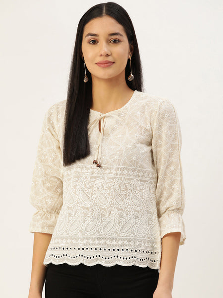Jainish Women's Chikankari Sequen Work Empire Top - Cream - Distacart