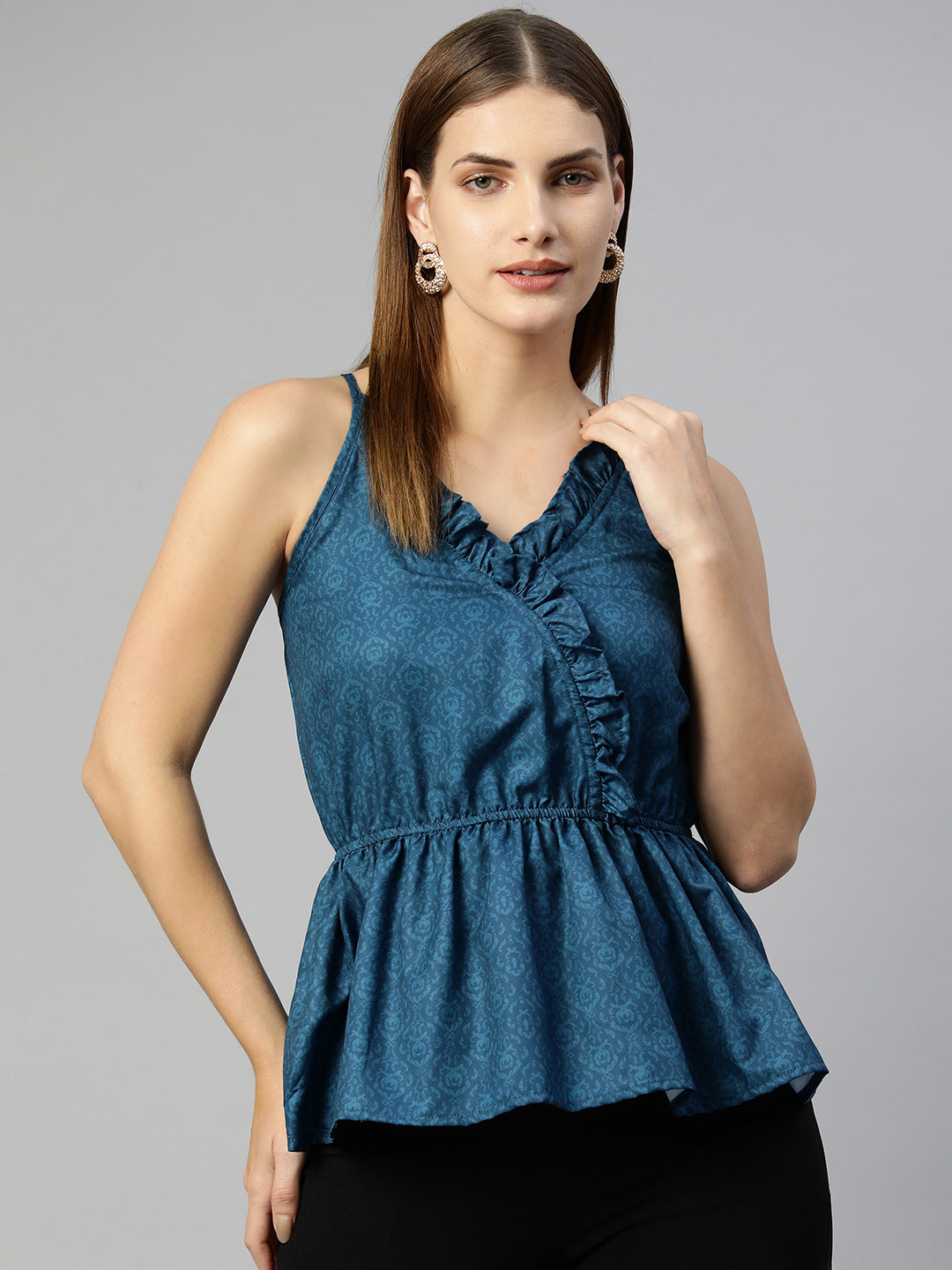 Jainish Women's Printed crop top with frills - Blue - Distacart