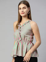 Thumbnail for Jainish Women's Printed crop top with frills - Green-Peach - Distacart