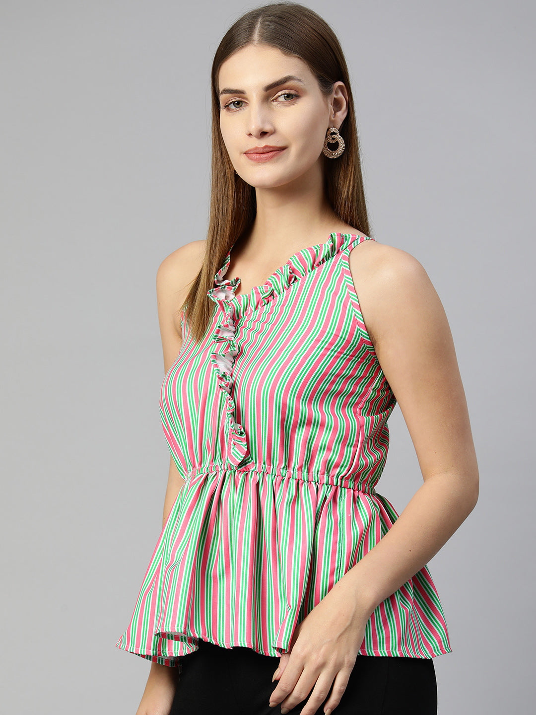 Jainish Women's Printed crop top with frills - Green-Peach - Distacart