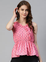 Thumbnail for Jainish Women's Printed crop top with frills - Peach - Distacart