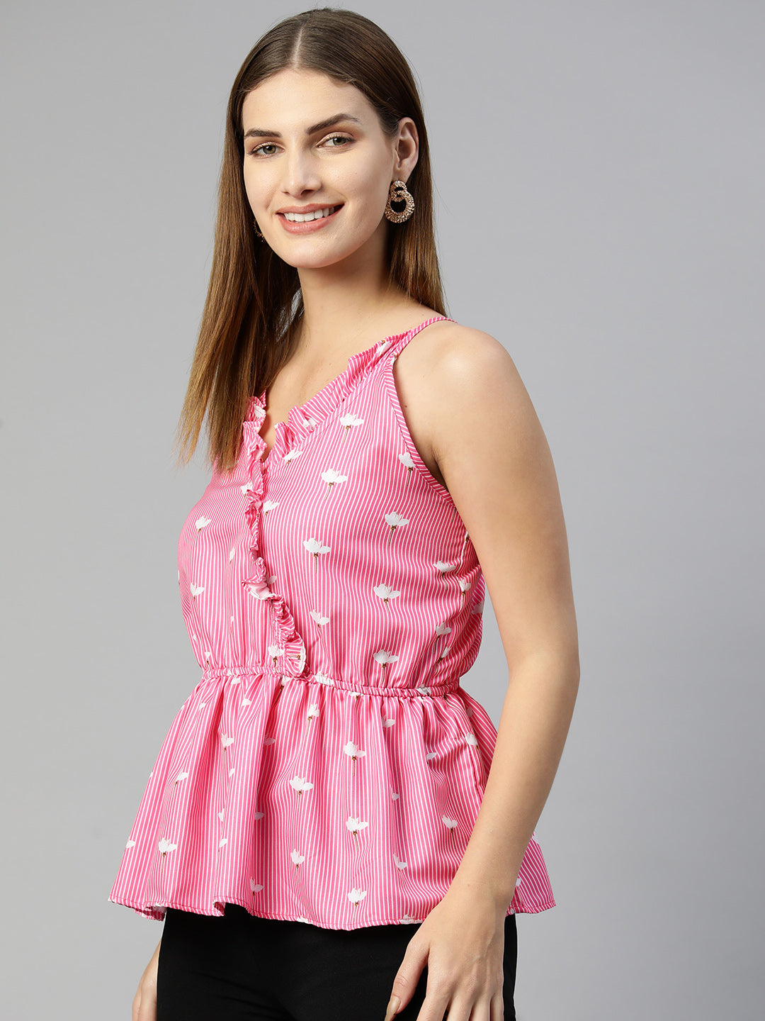 Jainish Women's Printed crop top with frills - Pink - Distacart