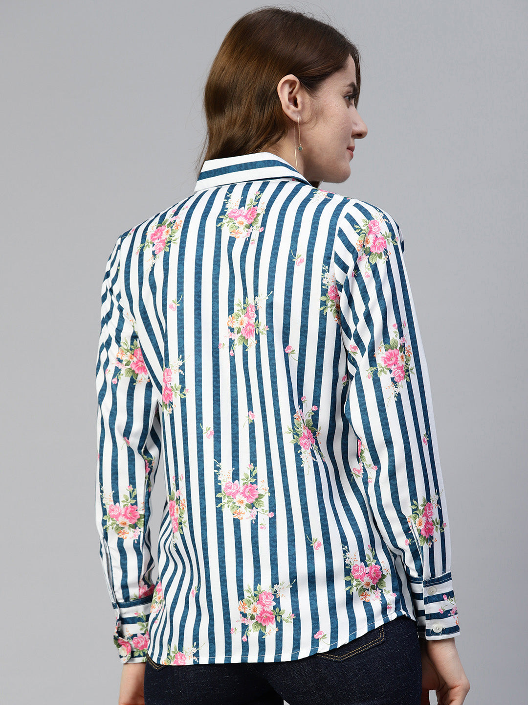 Jainish Women's Striped Double Pocket Shirt Style Top - Blue - Distacart