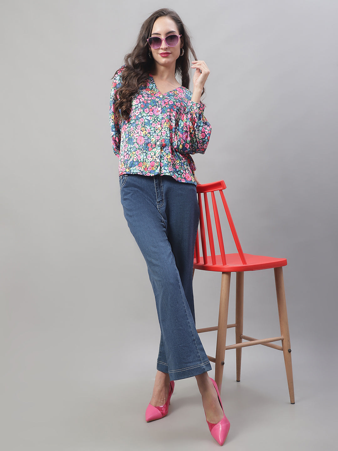 Jainish Women's Blue Printed Shirt Style Top - Distacart